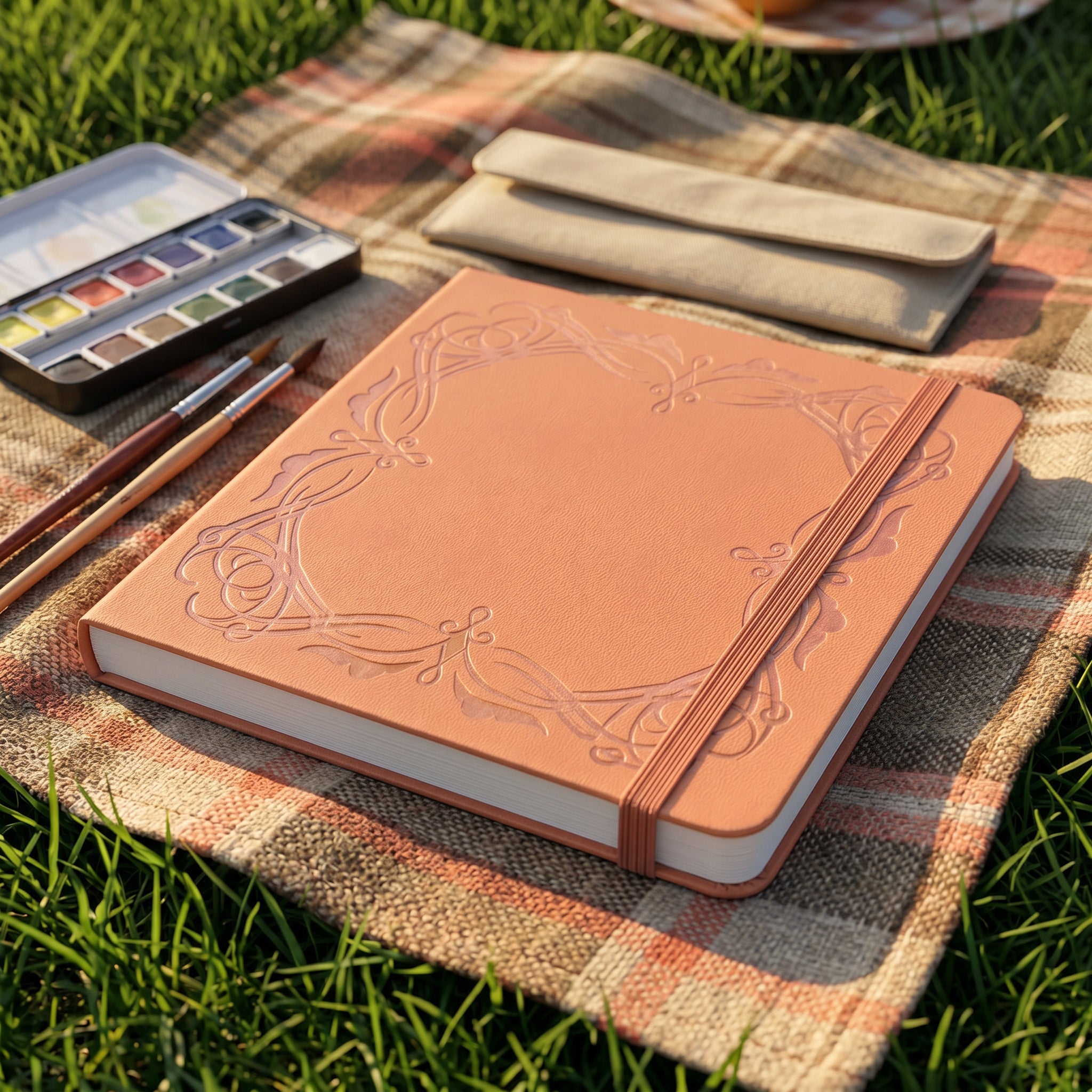 Peach dot grid notebook styled in a creative stationery flat lay
