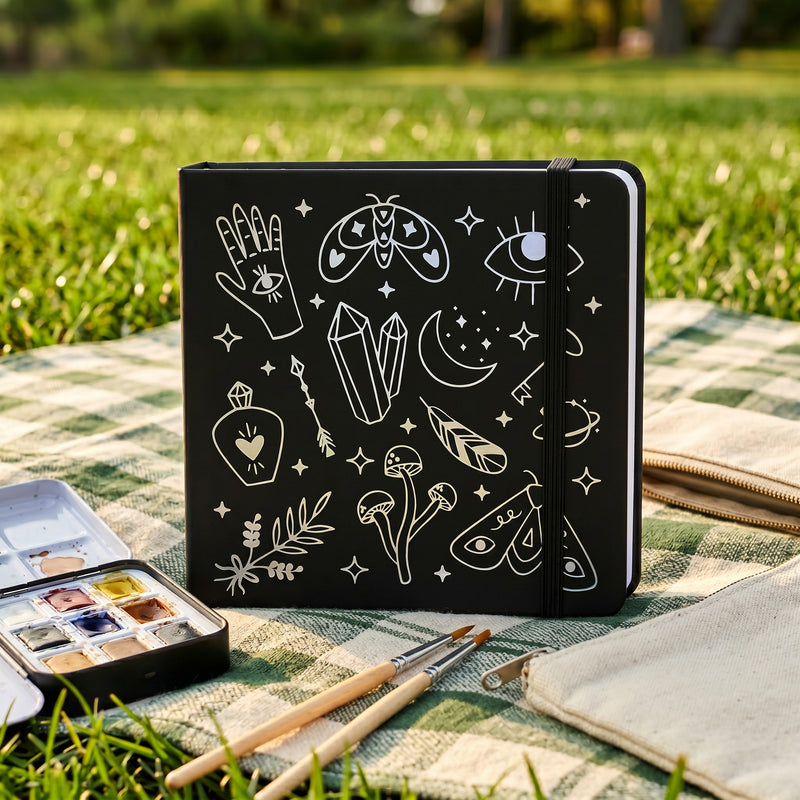 BUKE Black Mystical Symbols Square Dot Grid Notebook Faux PU Leather Cover-zoom-