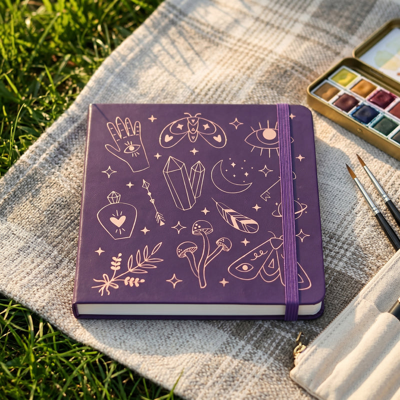 BUKE Deep Purple Mystical Symbols Square Dot Grid Notebook Faux PU Leather Cover-zoom-