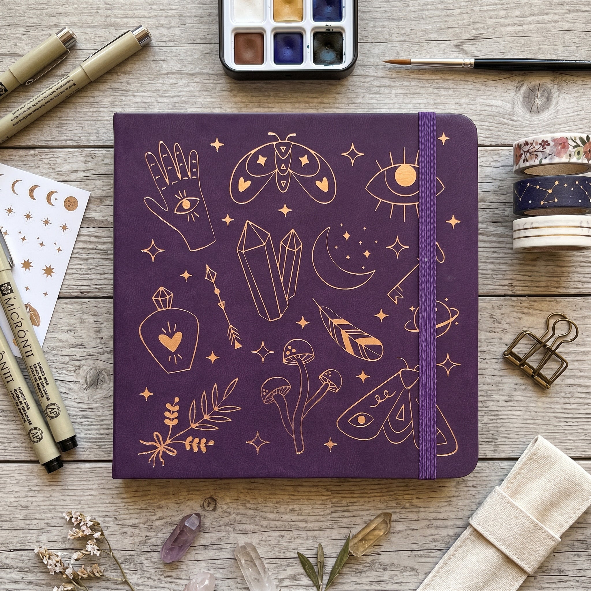 BUKE Deep Purple Mystical Symbols Square Dot Grid Notebook Faux PU Leather Cover