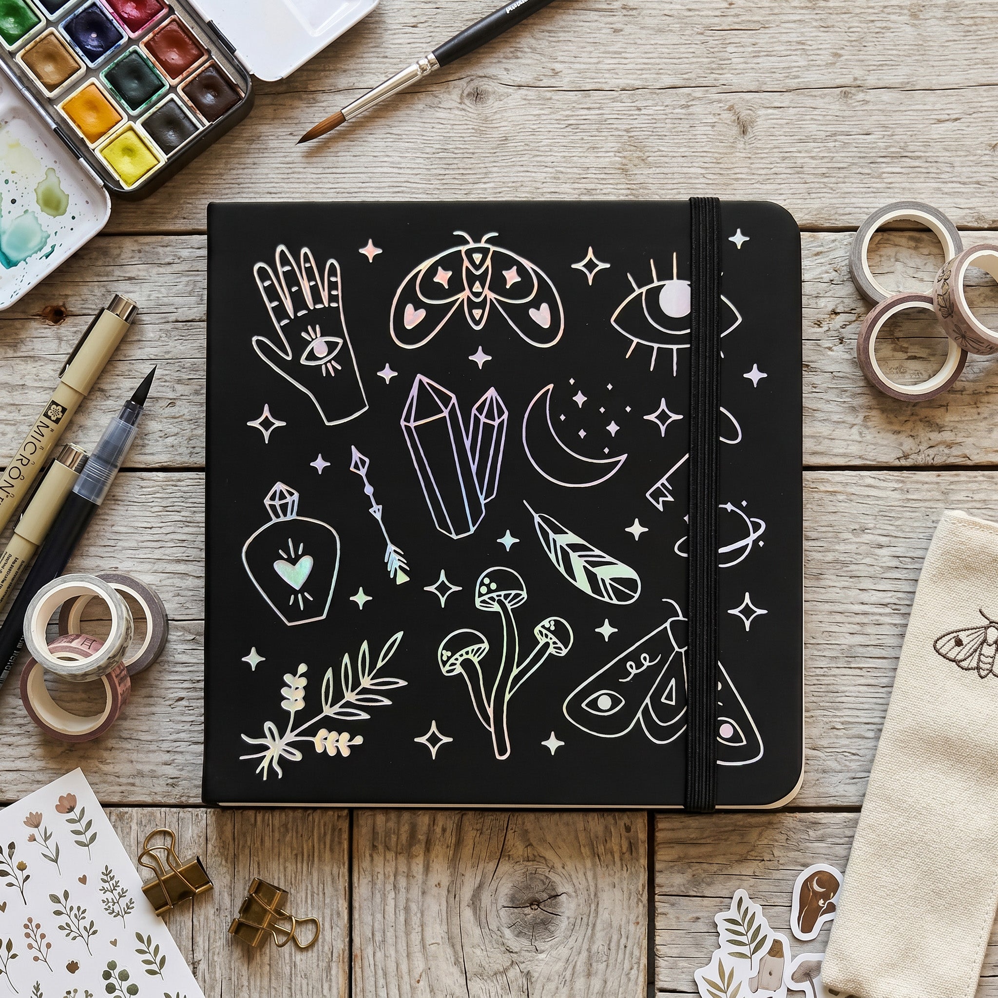 BUKE Black Mystical Symbols Square Dot Grid Notebook Faux PU Leather Cover