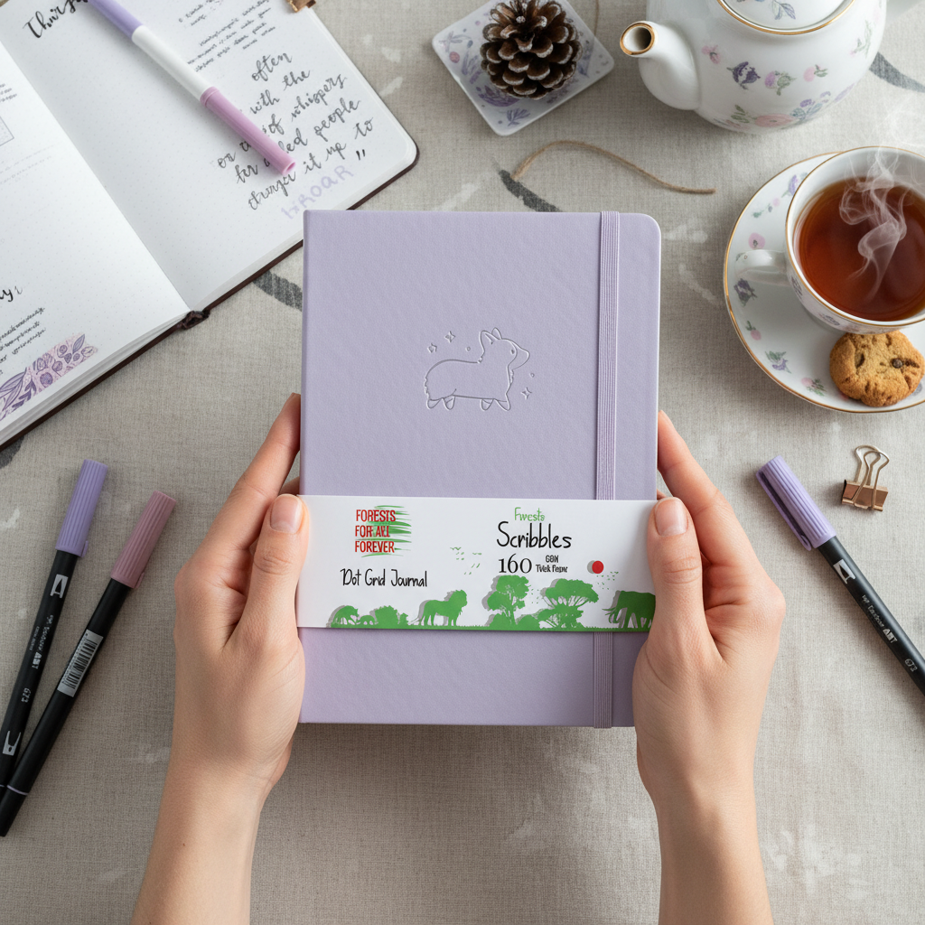 Lavender A5 dot grid journal with embossed corgi cover and elastic closure