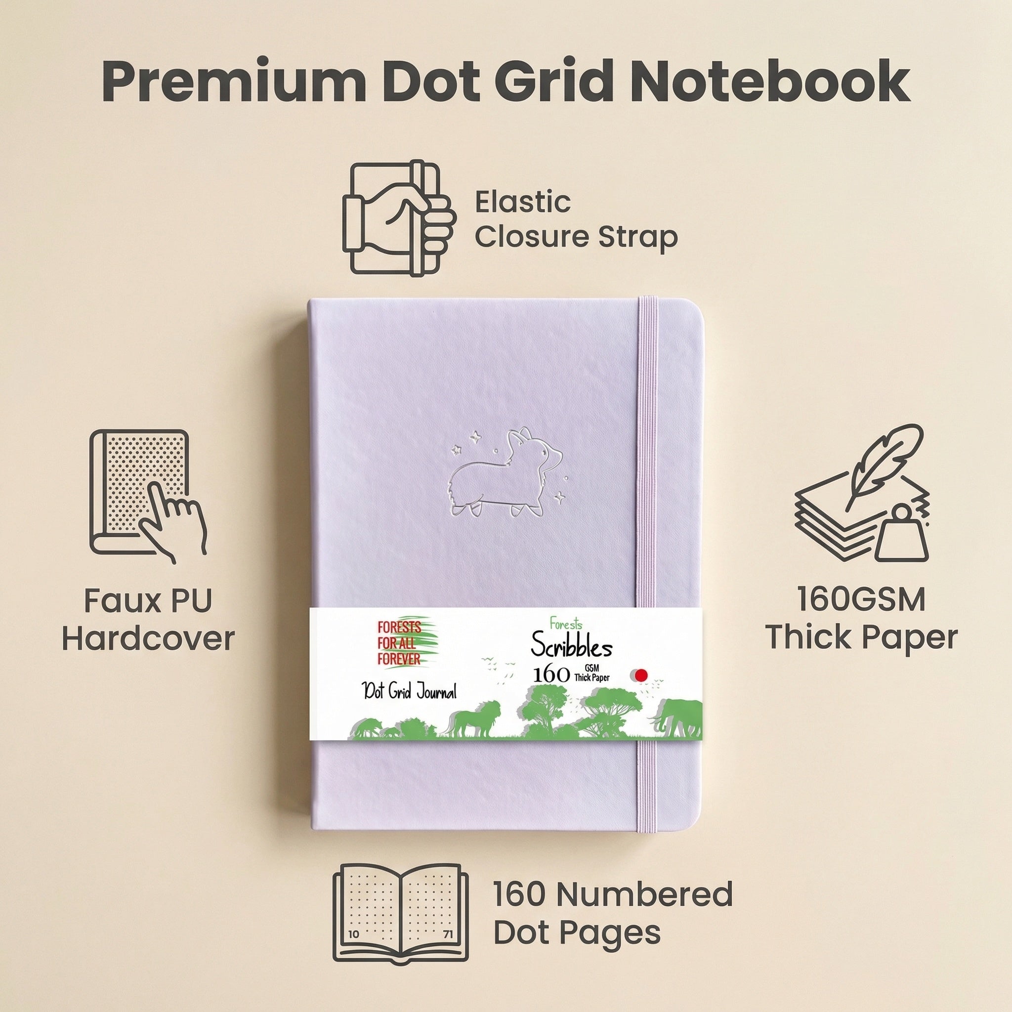 Lavender faux PU hardcover journal with elastic band and 160 numbered pages