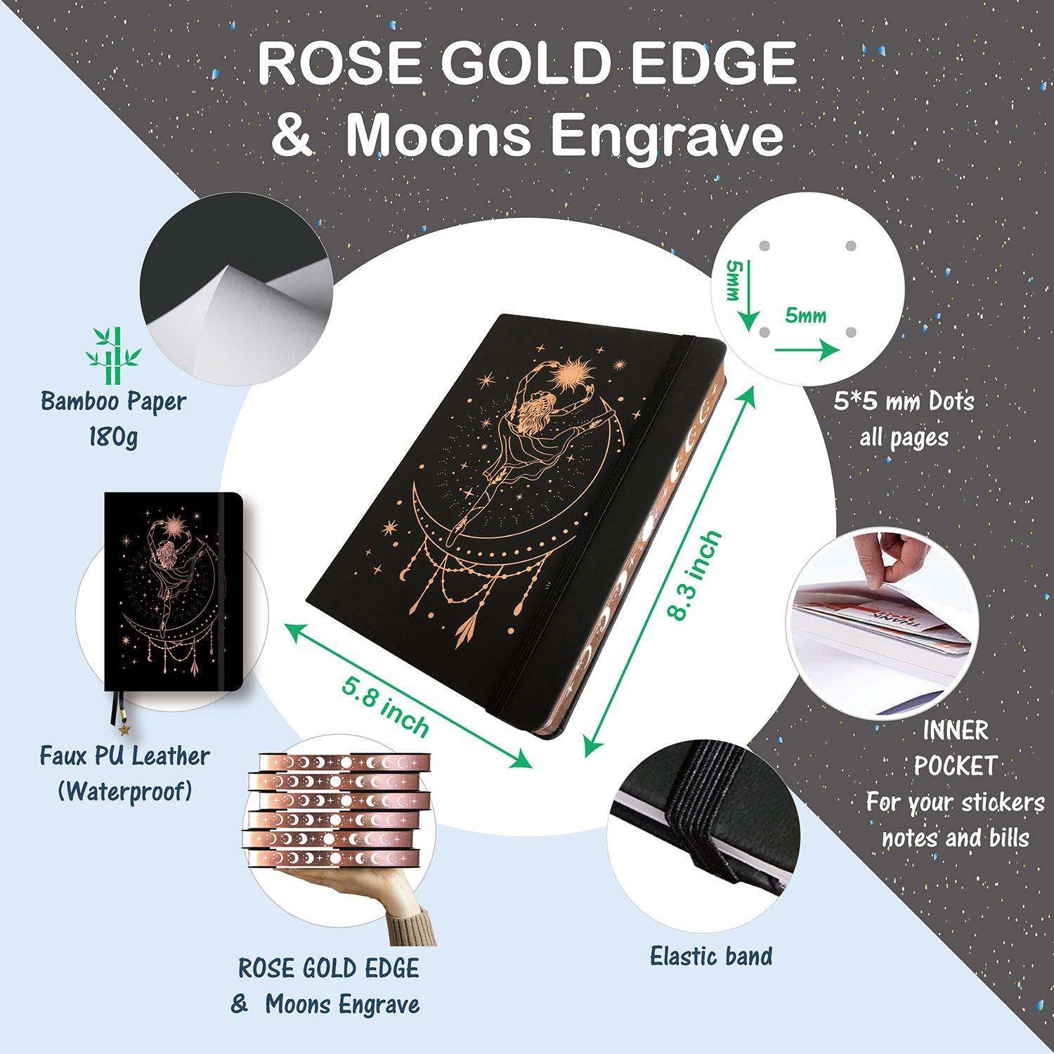 180GSM Bamboo Paper A5 Bullet Dotted Journal Dot Grid Notebook ROSE GOLD Edges And Engrave MOONS BUJO Lovers - bukenotebook