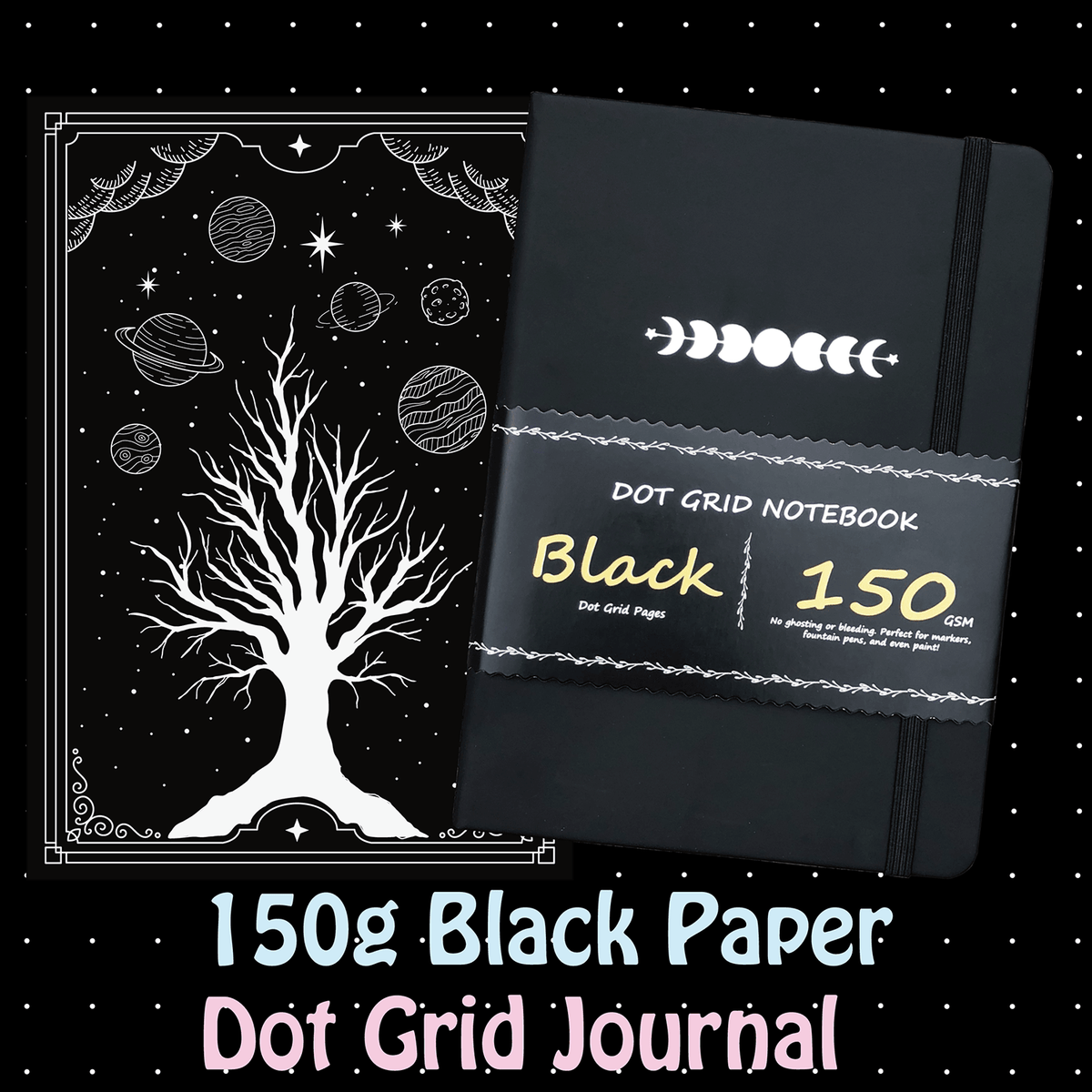 A5 Black Paper Bullet Journal Dot Grid Notebook - moon's eclipse