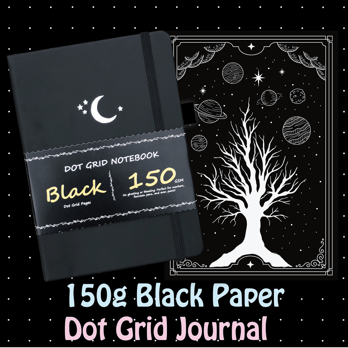 A5 Black Paper Bullet Journal Dot Grid Notebook - Moon Stars