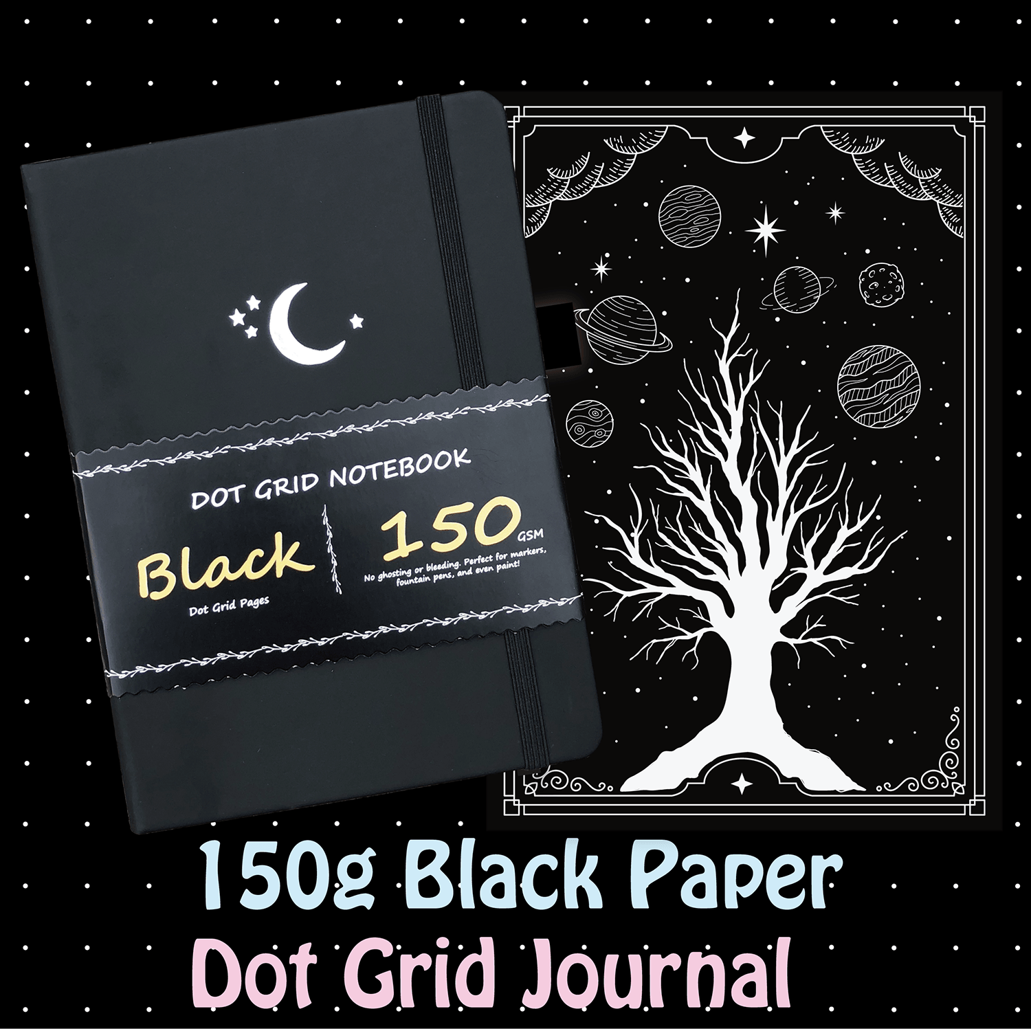 A5 Black Paper Bullet Journal Dot Grid Notebook - Moon Stars - bukenotebook