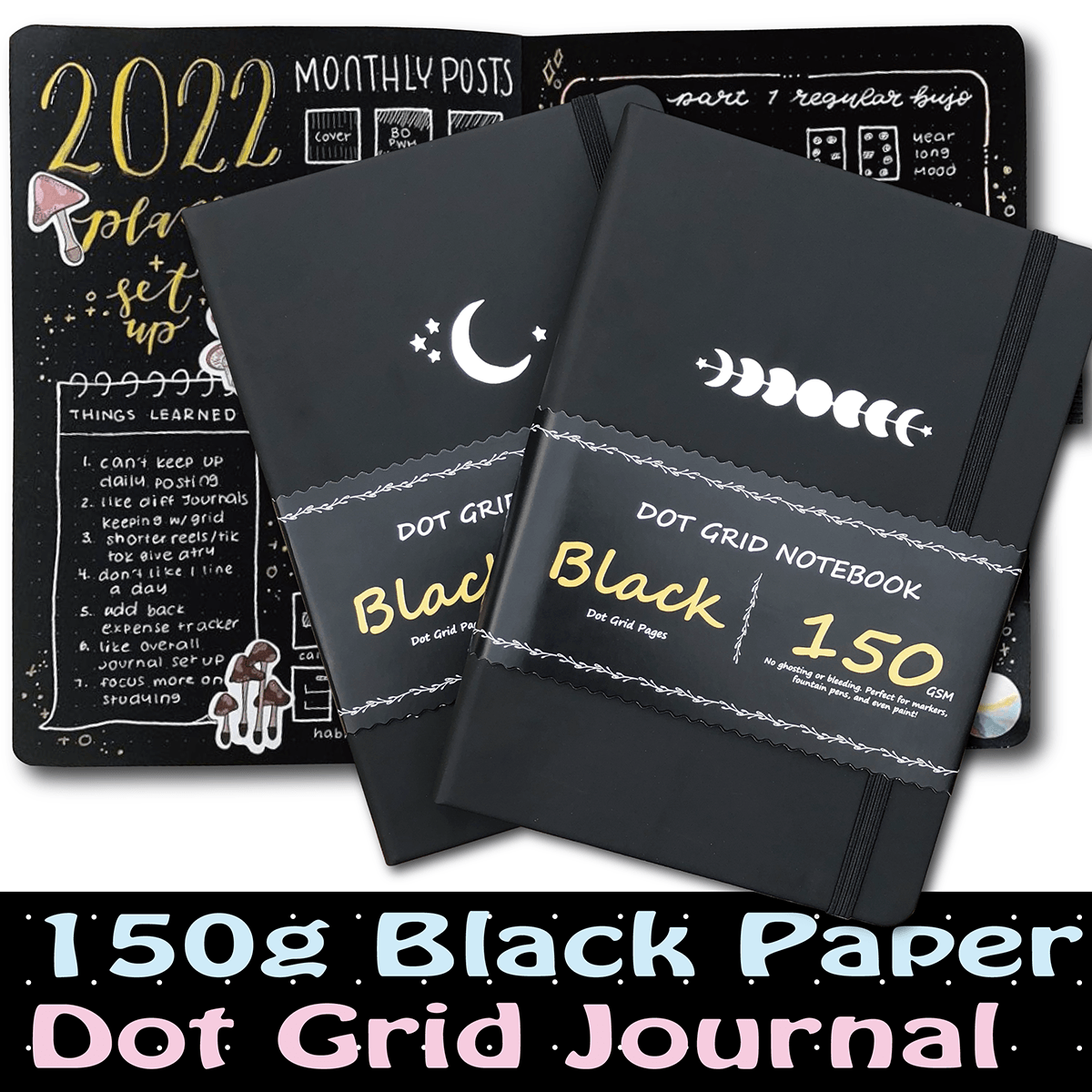 A5 Black Paper Bullet Journal Dot Grid Notebook - moon's eclipse - bukenotebook