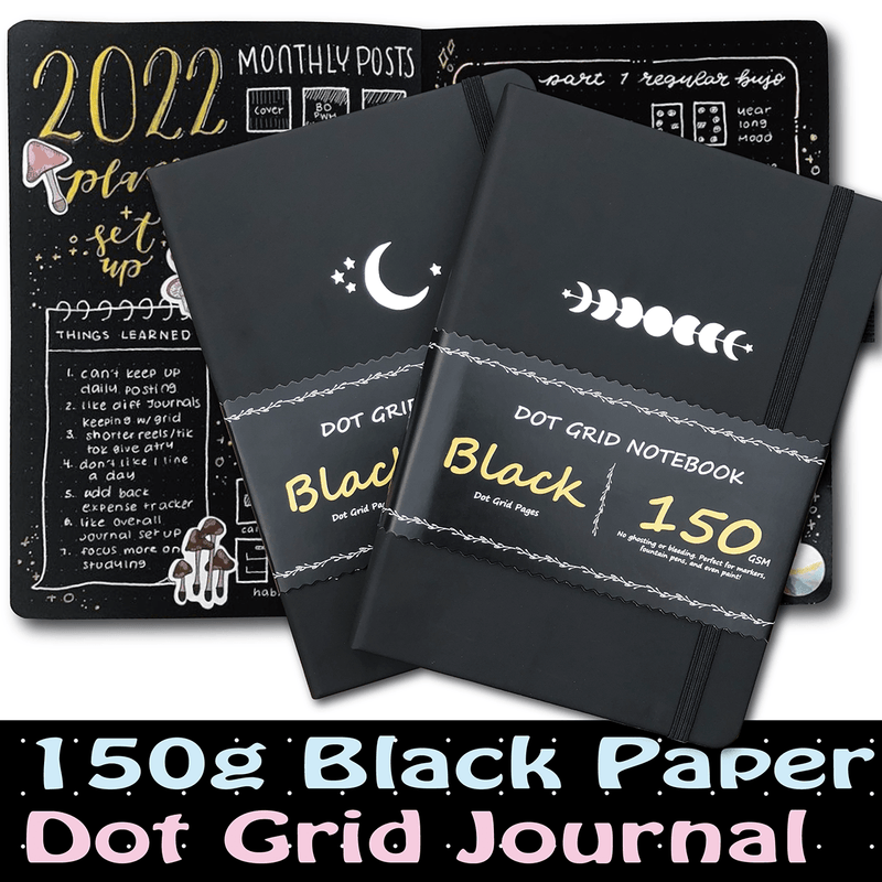 A5 Black Paper Bullet Journal Dot Grid Notebook - moon's eclipse-zoom-