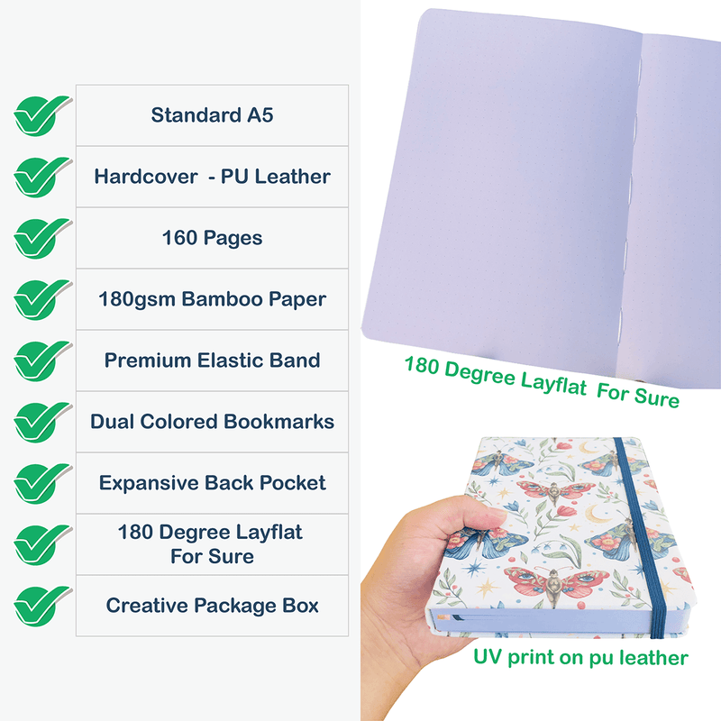 A5 Dotted Notebook Bullet Journal 180gsm Bamboo Paper - Mysterious butterfly UV Printing-zoom-