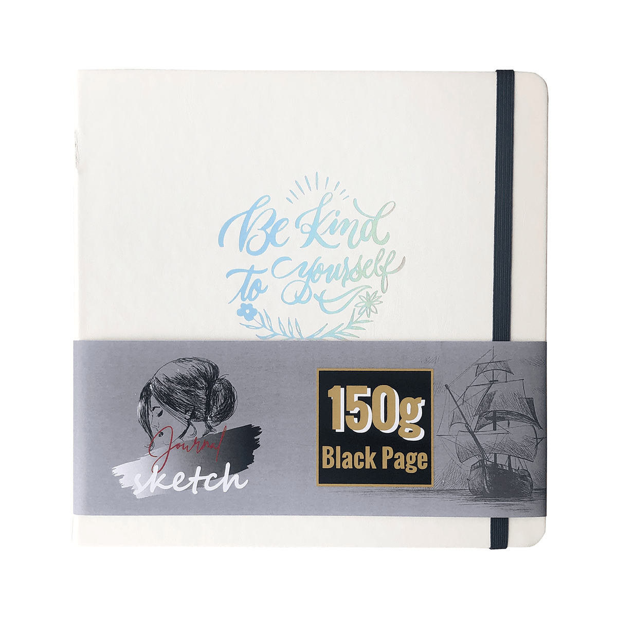 Square Sketchbook – 8 x 8 inch Hardcover Sketch Journal – 150gsm Black Paper 160 Pages with Elastic Closure - White Color Cover