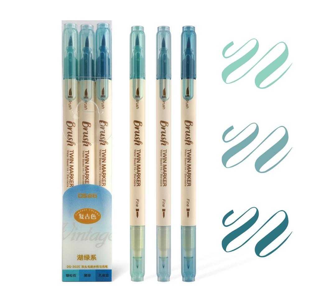 BUKE 3pcs Retro color Brush Marker Pens Set Dual side Fine Liner Water