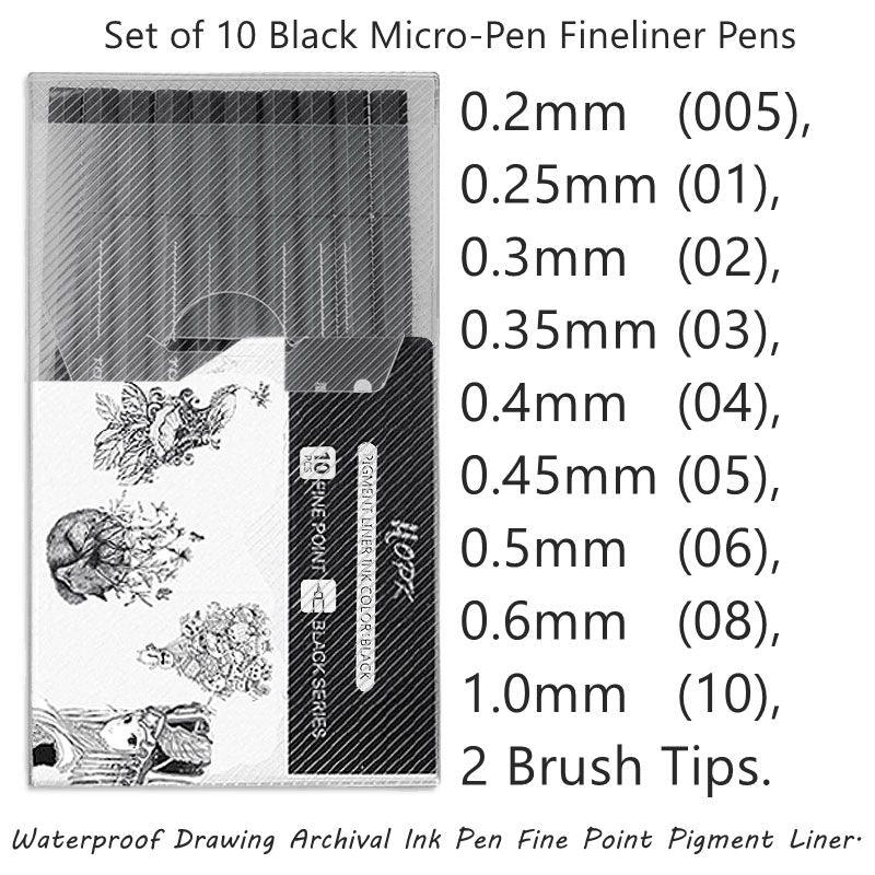 BUKE 10Pcs/set Pigment Liner Micron Ink Marker Pen 0.05 0.1 0.2 0.3 0.4 0.5 Brush Tip Black Fineliner Sketching Manga Drawing Pen - bukenotebook
