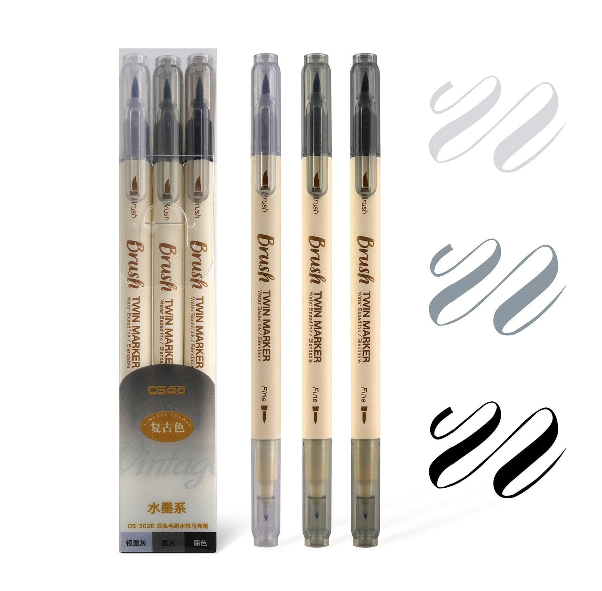 BUKE 3pcs Retro color Brush Marker Pens Set Dual side Fine Liner Water Based Ink Blendable Watercolor Art Paint Drawing School F133 - bukenotebook