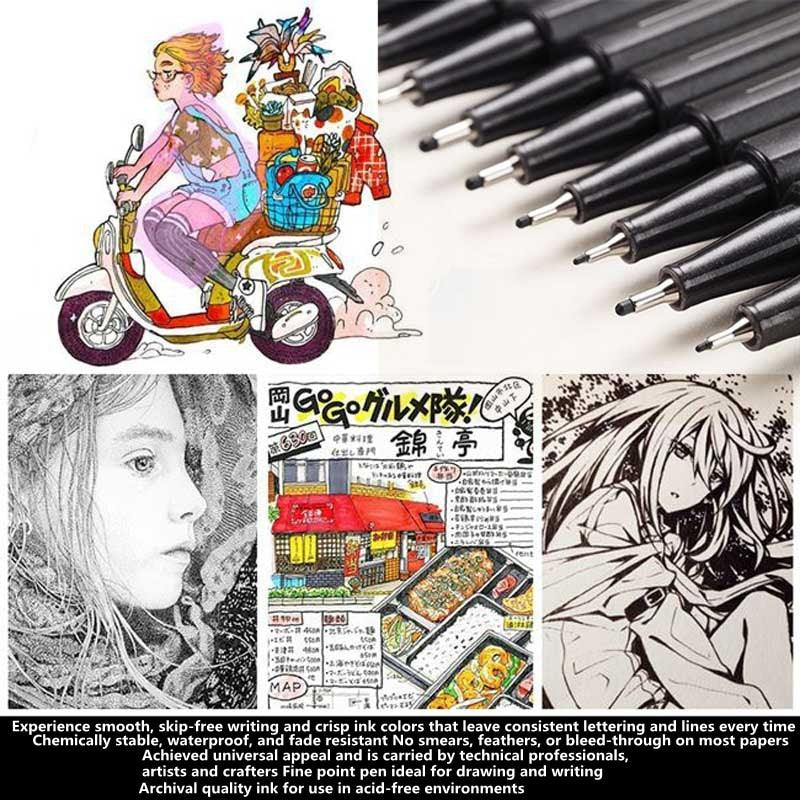 BUKE 10Pcs/set Pigment Liner Micron Ink Marker Pen 0.05 0.1 0.2 0.3 0.4 0.5 Brush Tip Black Fineliner Sketching Manga Drawing Pen - bukenotebook