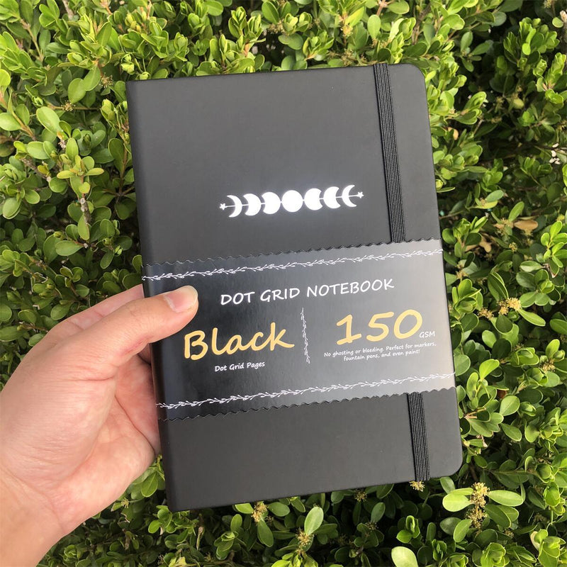 A5 Black Paper Bullet Journal Dot Grid Notebook - moon's eclipse-zoom-