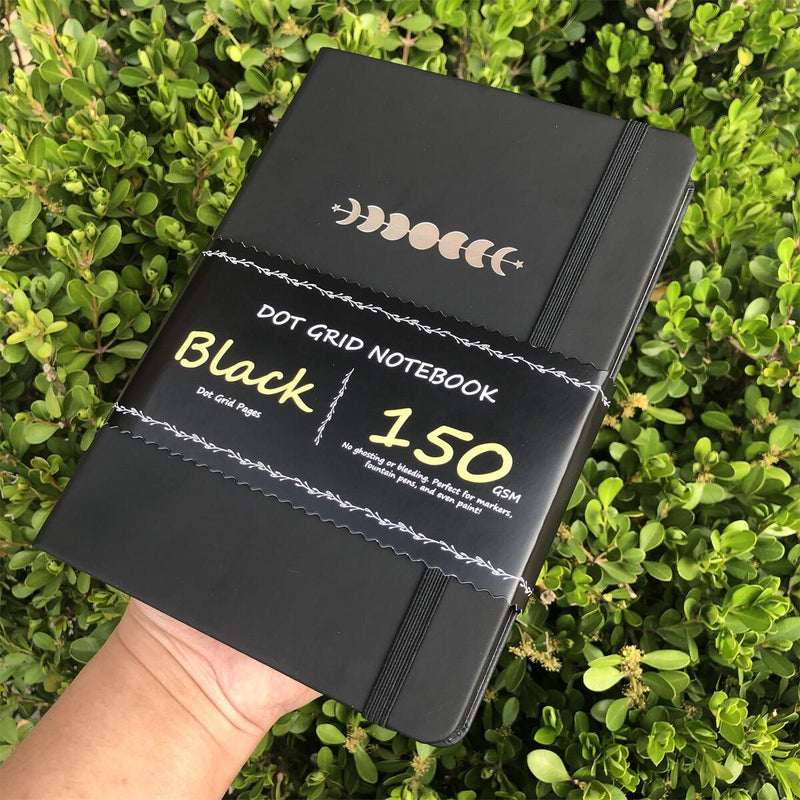 A5 Black Paper Bullet Journal Dot Grid Notebook - moon's eclipse-zoom-