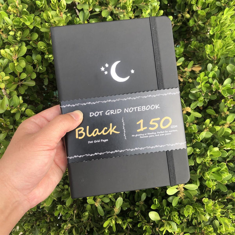 Carnet de notes A5 en papier noir Bullet Journal à grille de points - Étoiles de lune-zoom-