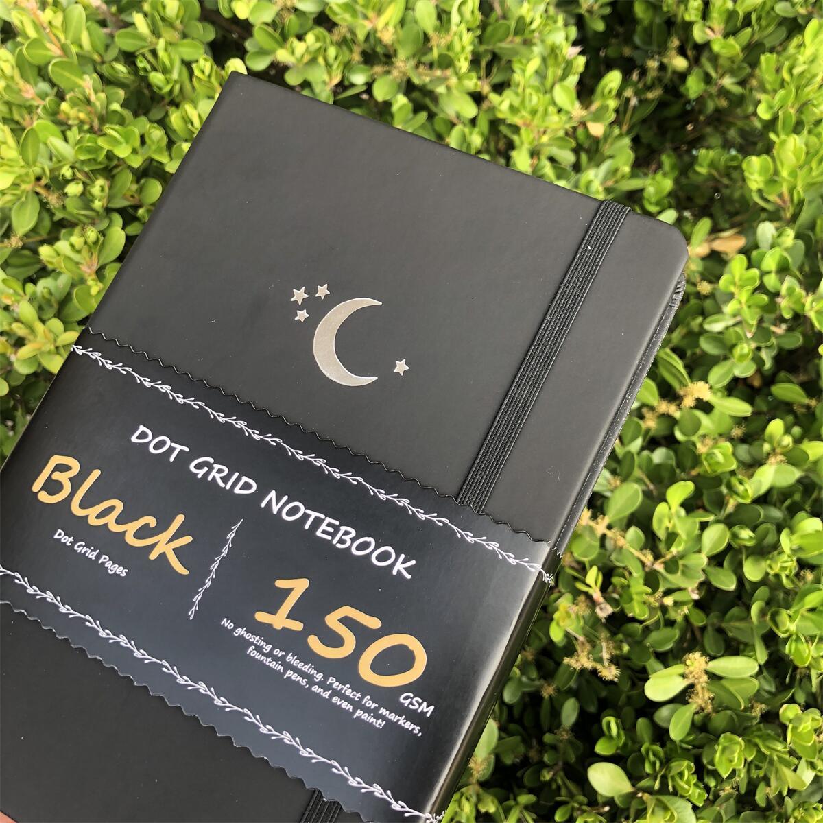 A5 Dot Grid Notebook: Black Hardcover Vegan Leather