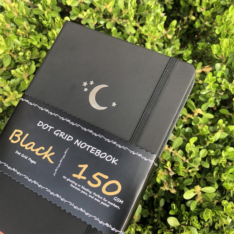 Carnet de notes A5 en papier noir Bullet Journal à grille de points - Étoiles de lune-zoom-