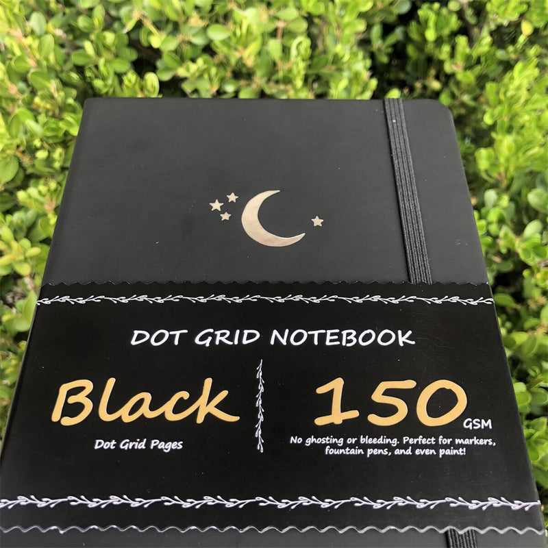 Carnet de notes A5 en papier noir Bullet Journal à grille de points - Étoiles de lune-zoom-