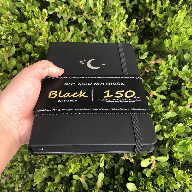 Carnet de notes A5 en papier noir Bullet Journal à grille de points - Étoiles de lune-zoom-