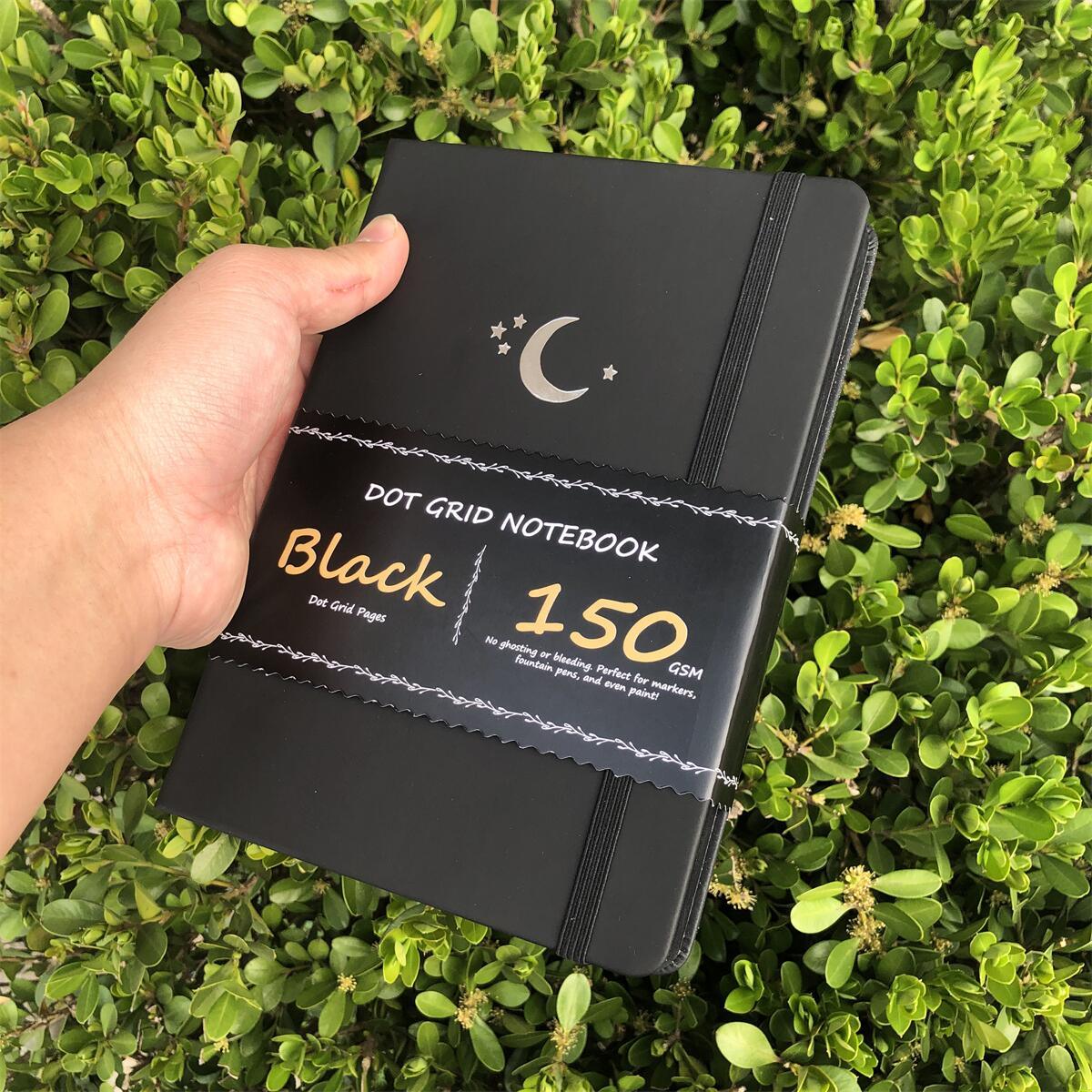 A5 Black Paper Bullet Journal Dot Grid Notebook - Moon Stars - bukenotebook