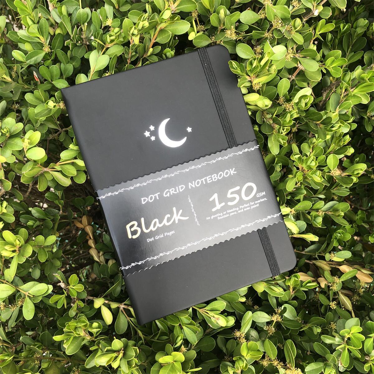 A5 Black Paper Bullet Journal Dot Grid Notebook - Moon Stars - bukenotebook