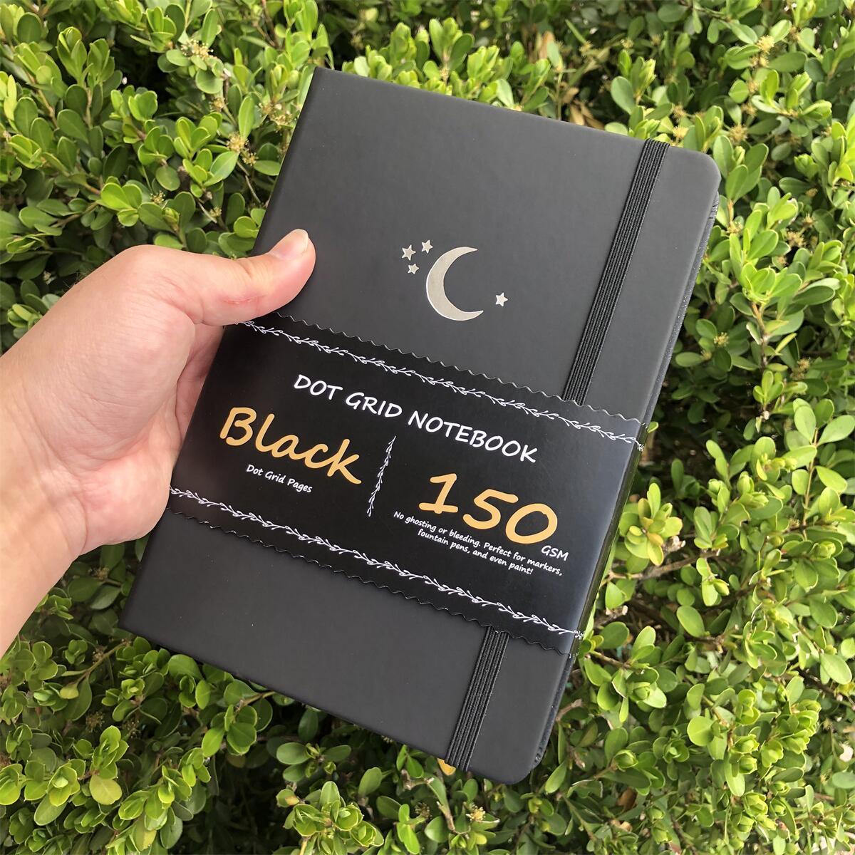 A5 Black Paper Bullet Journal Dot Grid Notebook - Moon Stars - bukenotebook