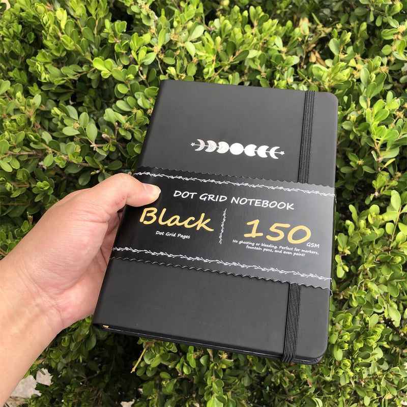 A5 Black Paper Bullet Journal Dot Grid Notebook - moon's eclipse-zoom-