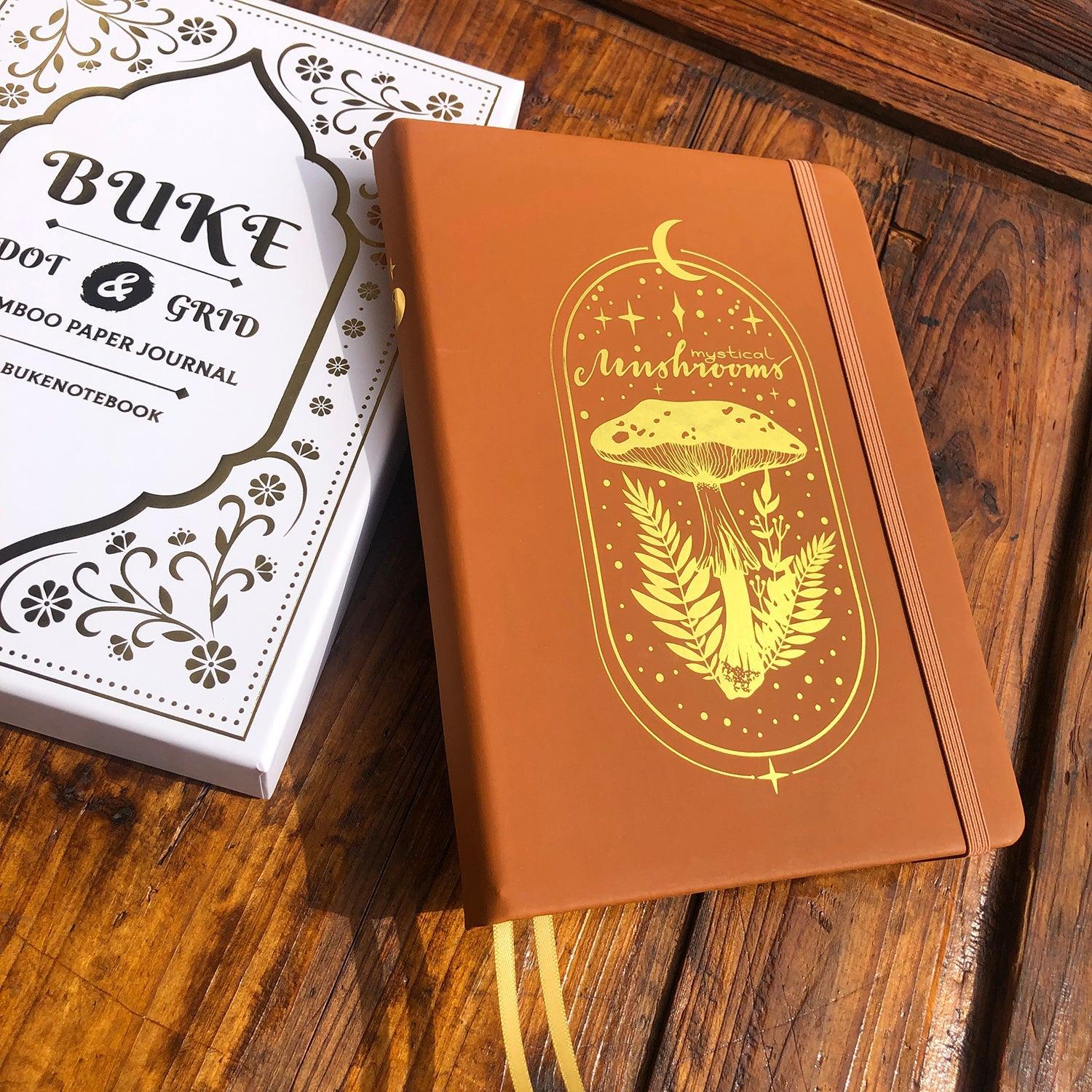 160gsm Bamboo Paper MyStical Mashroom Bullet Dotted Journal A5 PU Leather Hardcover And Gold Edge - bukenotebook