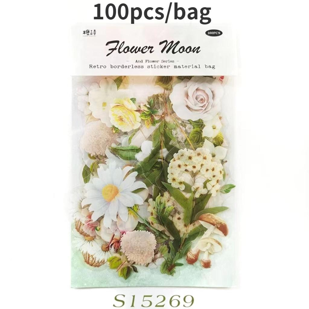 BUKE 6 Styles 100Pcs/Bag Vintage Botanical Stickers Aesthetic Flowers