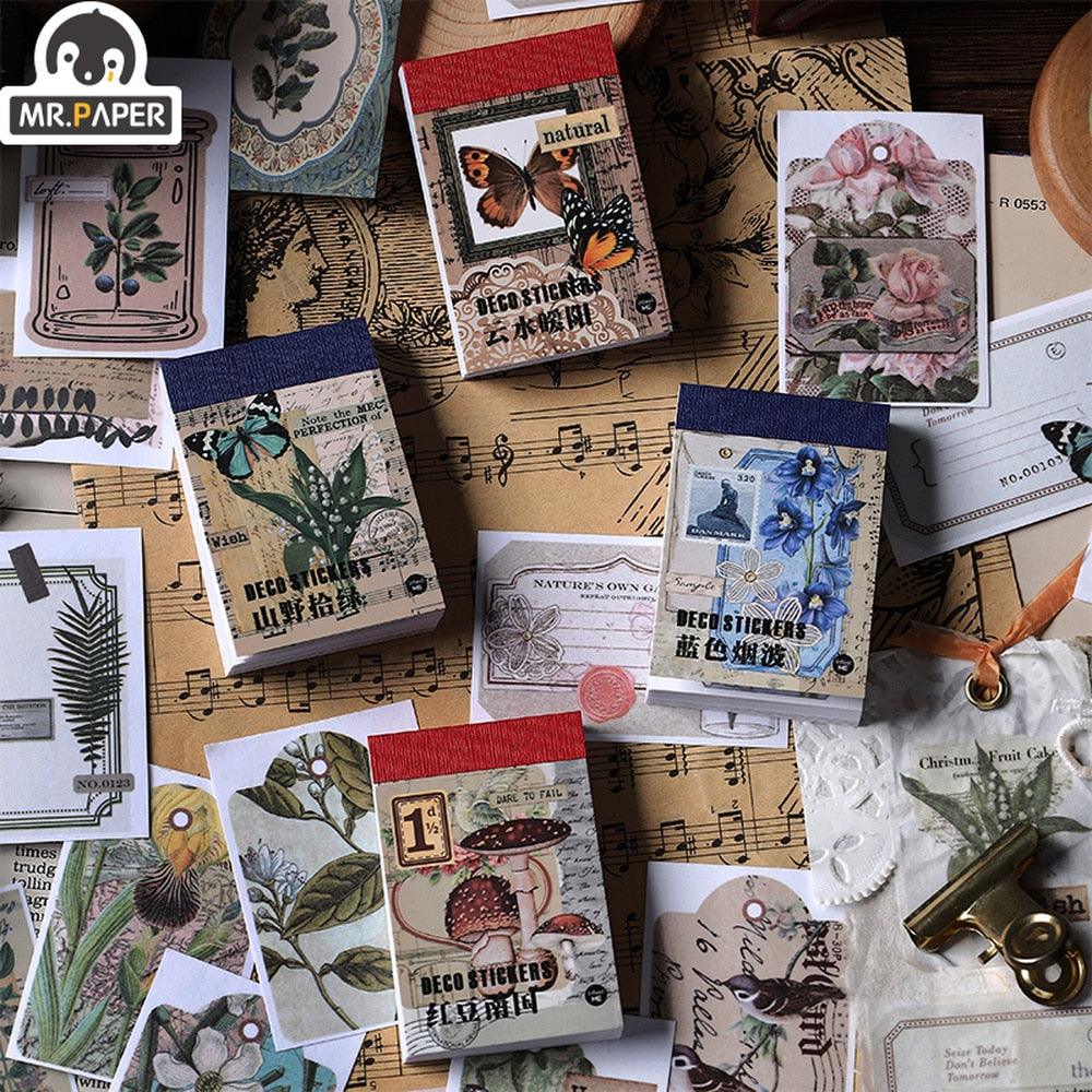 BUKE 4 Styles 50pcs/book Vintage Butterfly Washi Sticker Book Aesthetic Plant DIY Hand Account Material Decorative Stickers - bukenotebook