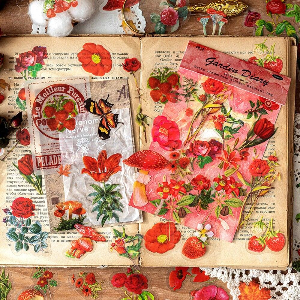 BUKE 6 Styles 100Pcs/Bag Vintage Botanical Stickers Aesthetic Flowers Hand Account Material Decorative Stationery Sticker - bukenotebook