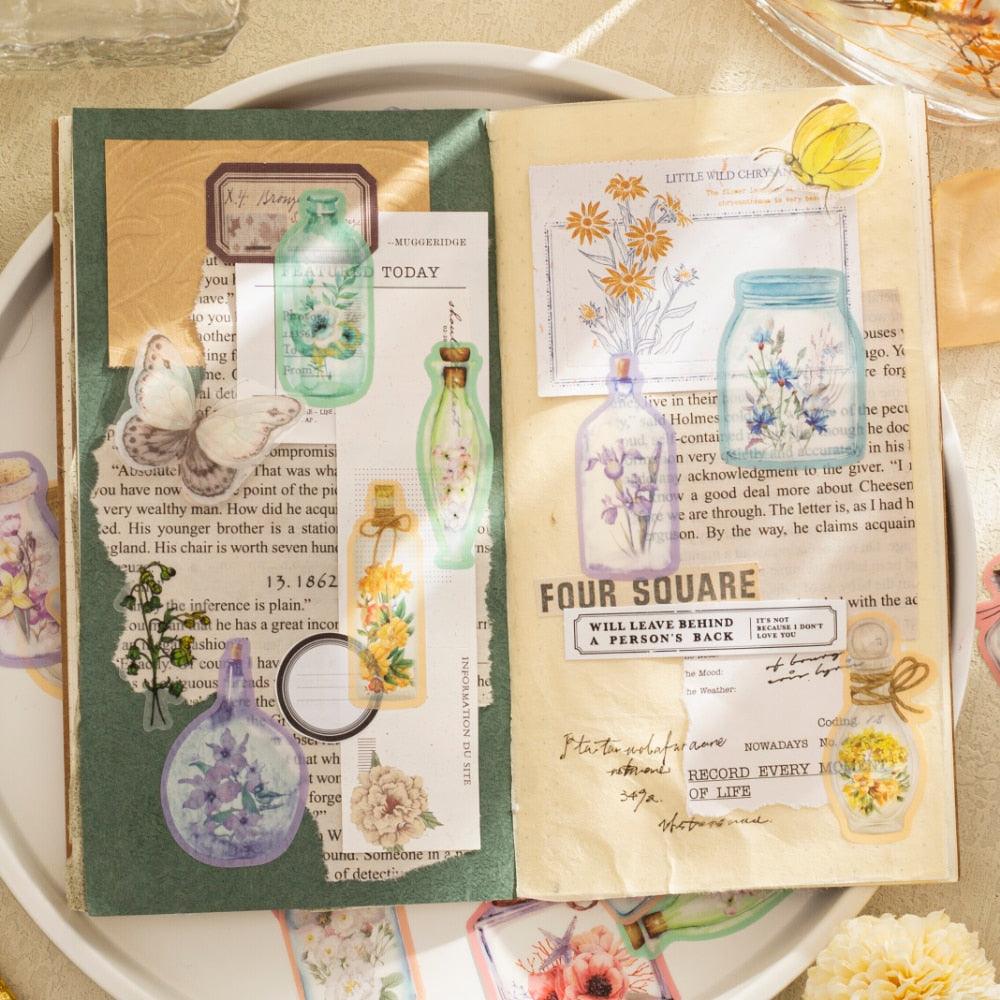 BUKE 6 Styles 20Pcs/Bag Aesthetic Flower Sticker Literary Glass Bottle Plant Hand Account Decoration Stationery Sticker - bukenotebook