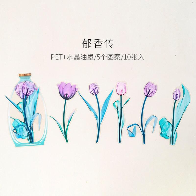 BUKE 8 Designs Beautiful Day Flower Of Life Series Ink PET Sticker Pack Creative Hand Account DIY Decorative Collage Sticker - bukenotebook