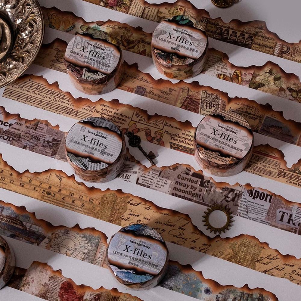 BUKE 8 Styles 300cm Vintage Burning Shaped Washi Tape Literary Old Newspaper DIY Hand Account Decorative Sticker Washi Tape - bukenotebook
