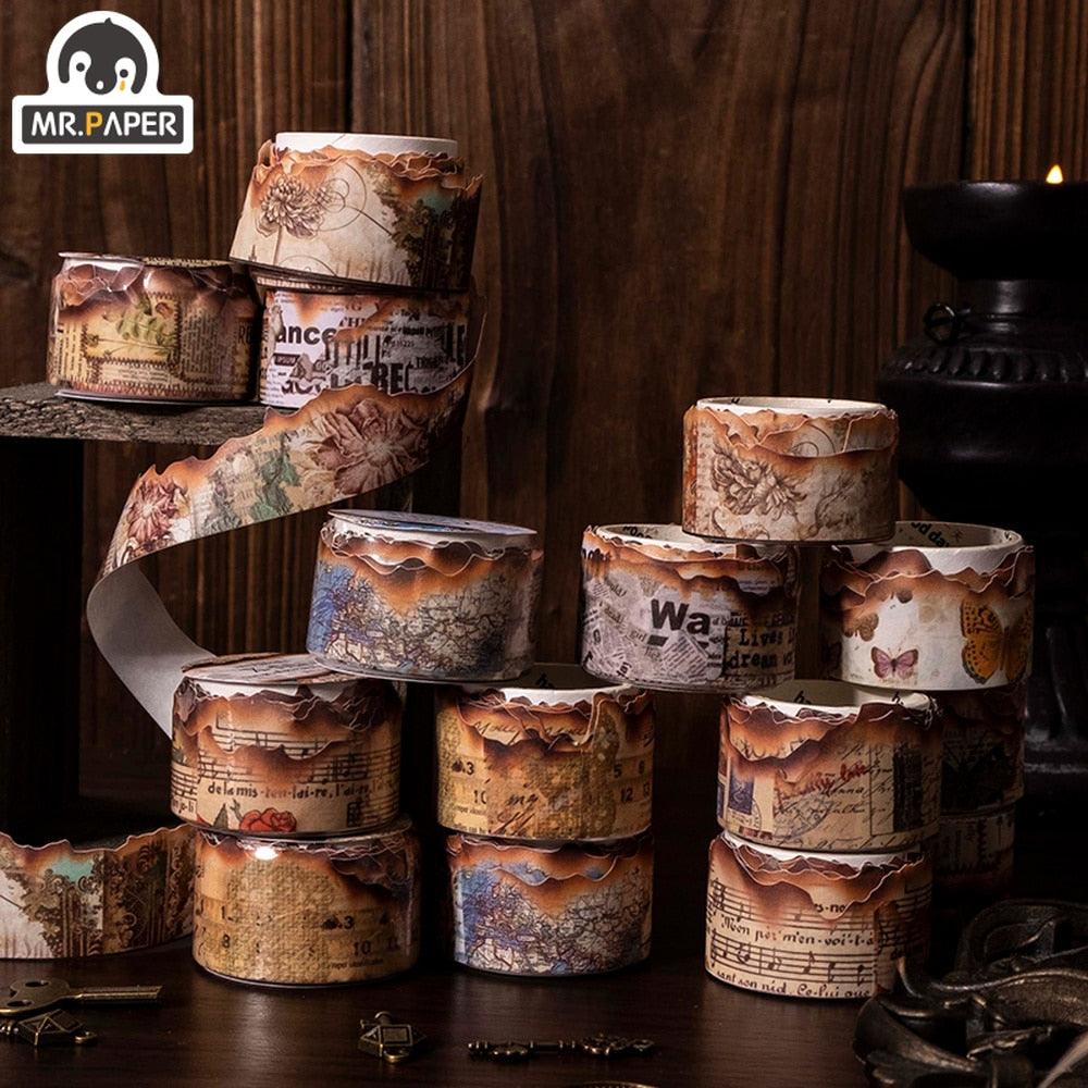 BUKE 8 Styles 300cm Vintage Burning Shaped Washi Tape Literary Old Newspaper DIY Hand Account Decorative Sticker Washi Tape - bukenotebook