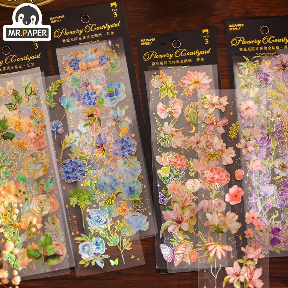 BUKE  4 Styles 3pcs/bag Vintage Plants Bronzing Sticker Literary Aesthetic Flower Hand Account Decoration Stationery Stickers - bukenotebook
