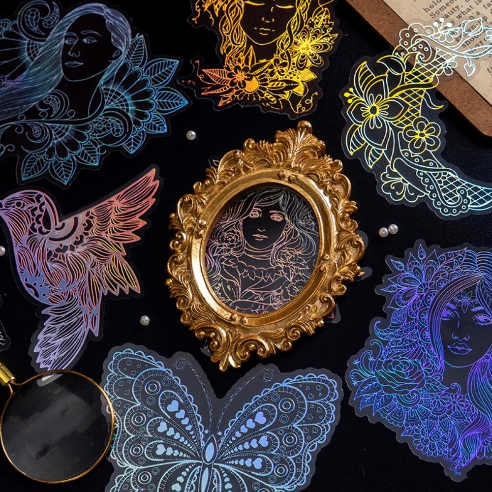 BUKE 8 Styles 10Pcs/Bag Vintage Laser Animal Sticker Art Aesthetic Feather Hand Account Decoration Stationery Sticker - bukenotebook