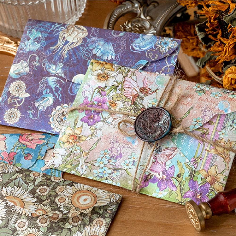 BUKE 6 Styles 7Pcs/Set Vintage Flower Envelope Set Literary Classical Writable Letter Paper Sealing Sticker Envelope Set - bukenotebook