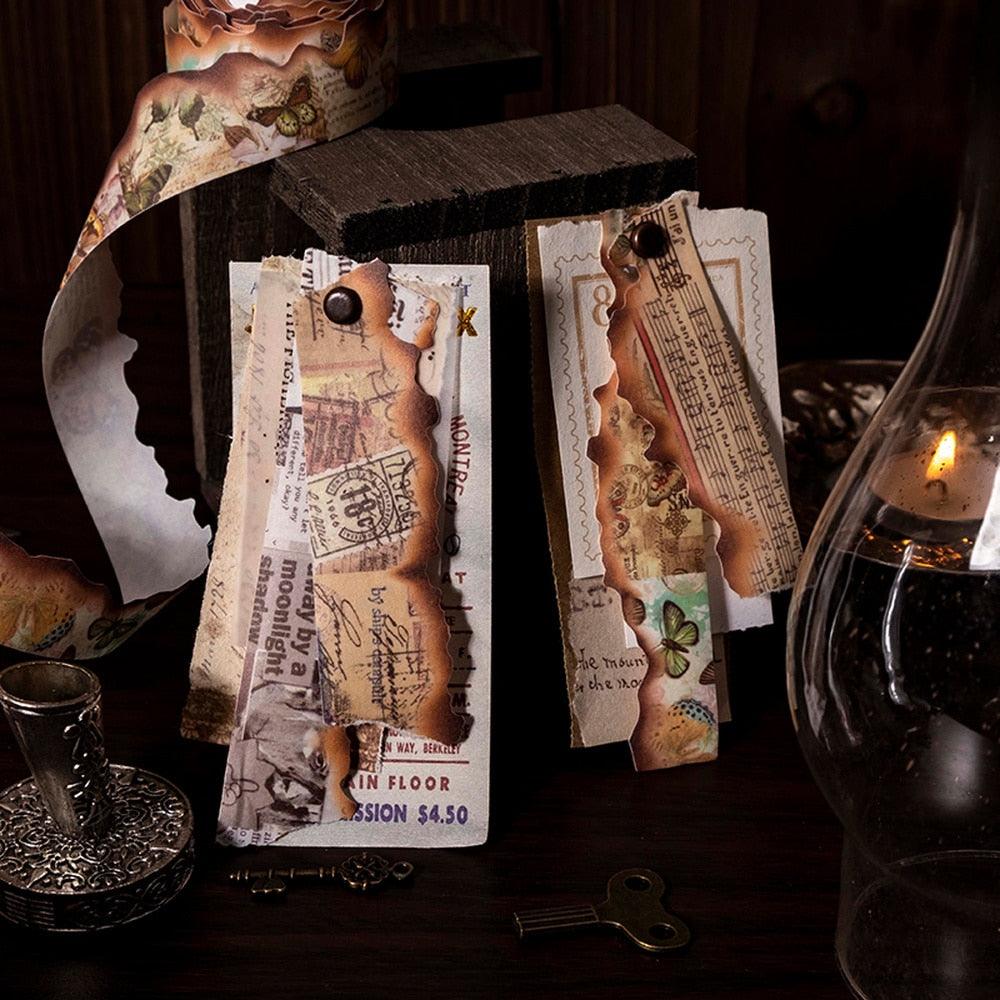 BUKE 8 Styles 300cm Vintage Burning Shaped Washi Tape Literary Old Newspaper DIY Hand Account Decorative Sticker Washi Tape - bukenotebook