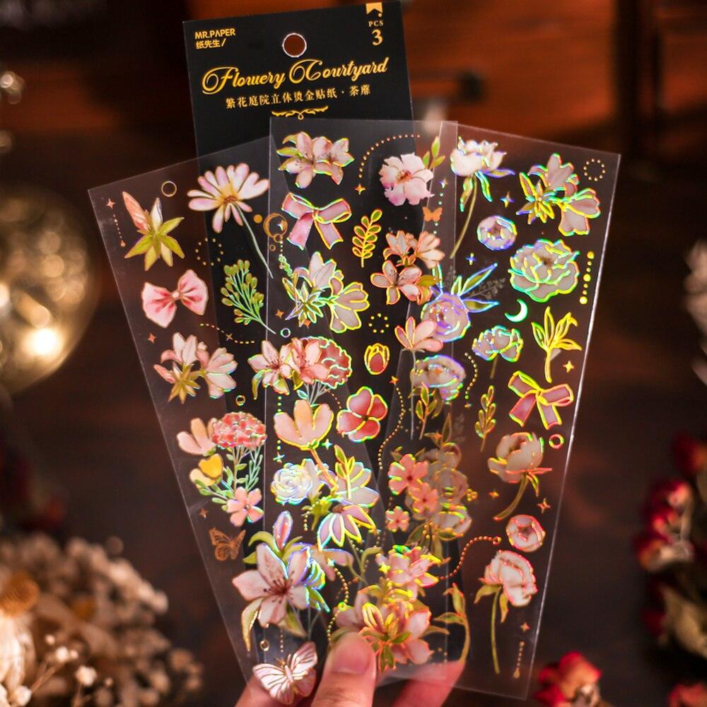BUKE  4 Styles 3pcs/bag Vintage Plants Bronzing Sticker Literary Aesthetic Flower Hand Account Decoration Stationery Stickers - bukenotebook