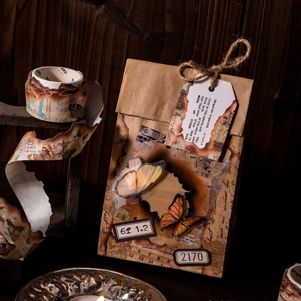 BUKE 8 Styles 300cm Vintage Burning Shaped Washi Tape Literary Old Newspaper DIY Hand Account Decorative Sticker Washi Tape - bukenotebook