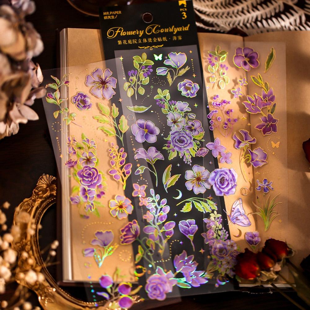 BUKE  4 Styles 3pcs/bag Vintage Plants Bronzing Sticker Literary Aesthetic Flower Hand Account Decoration Stationery Stickers - bukenotebook
