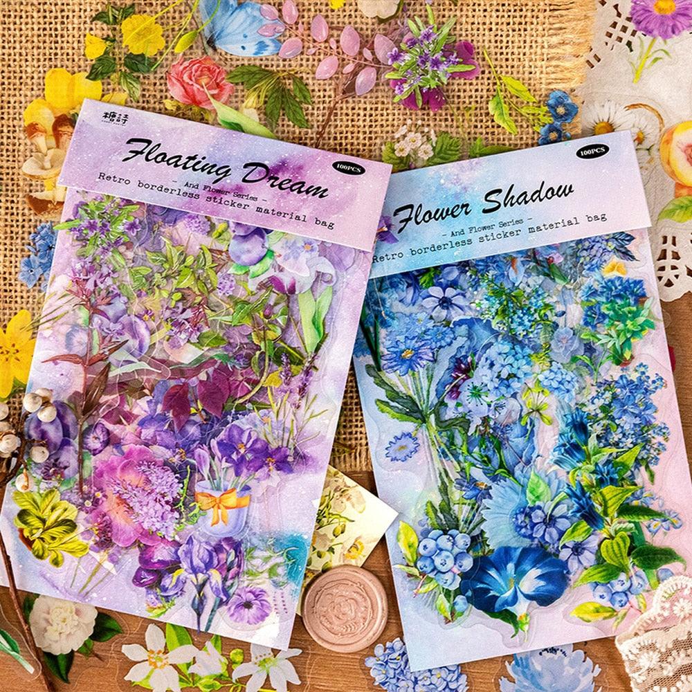 BUKE 6 Styles 100Pcs/Bag Vintage Botanical Stickers Aesthetic Flowers Hand Account Material Decorative Stationery Sticker - bukenotebook
