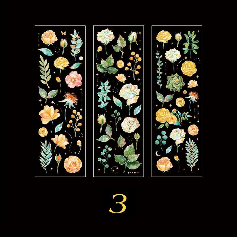 BUKE  4 Styles 3pcs/bag Vintage Plants Bronzing Sticker Literary Aesthetic Flower Hand Account Decoration Stationery Stickers - bukenotebook