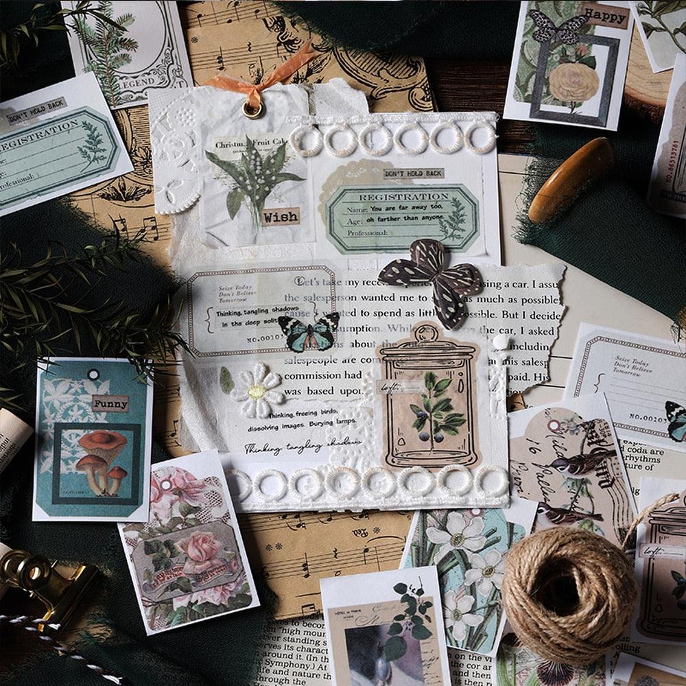 BUKE 4 Styles 50pcs/book Vintage Butterfly Washi Sticker Book Aesthetic Plant DIY Hand Account Material Decorative Stickers - bukenotebook
