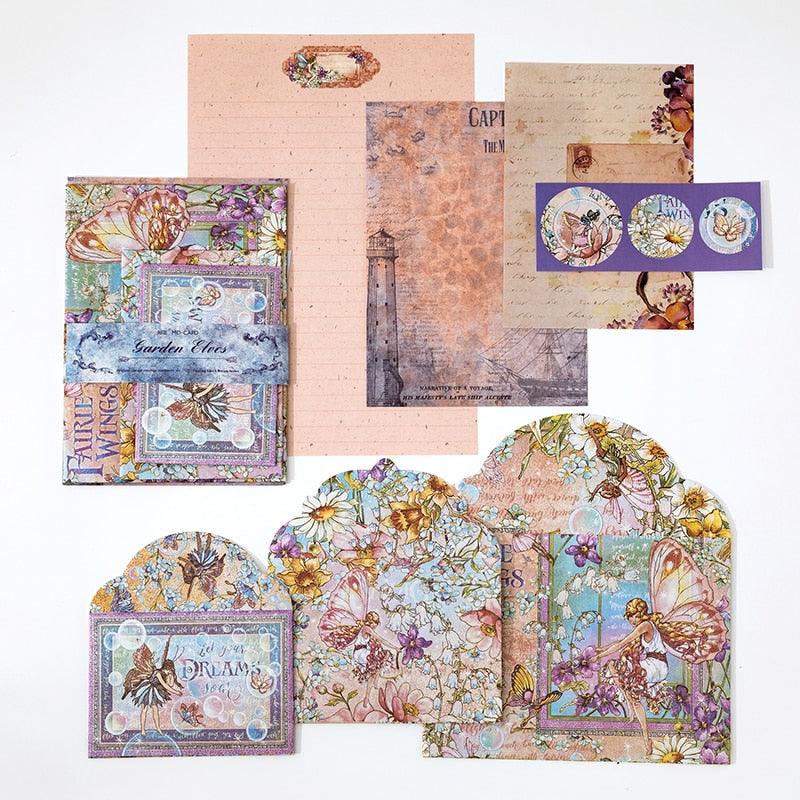 BUKE 6 Styles 7Pcs/Set Vintage Flower Envelope Set Literary Classical Writable Letter Paper Sealing Sticker Envelope Set - bukenotebook