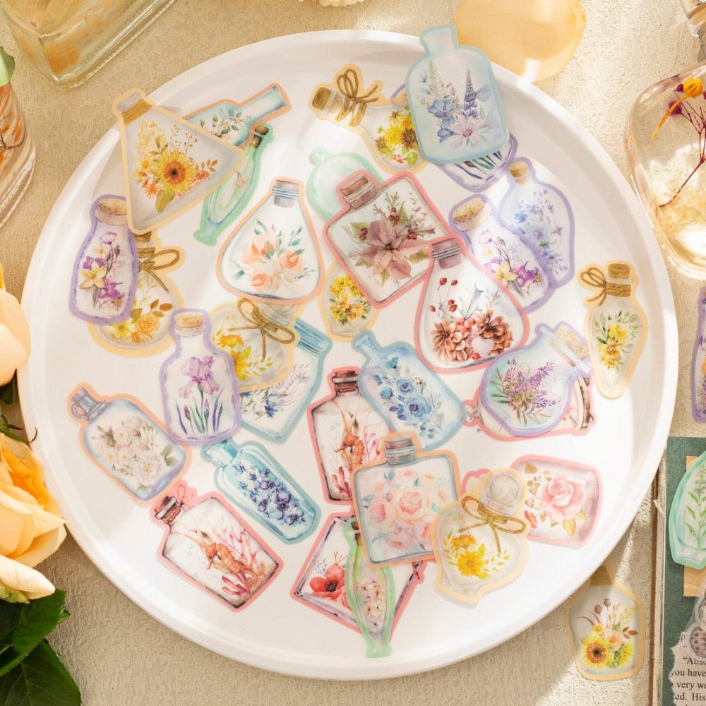 BUKE 6 Styles 20Pcs/Bag Aesthetic Flower Sticker Literary Glass Bottle Plant Hand Account Decoration Stationery Sticker - bukenotebook